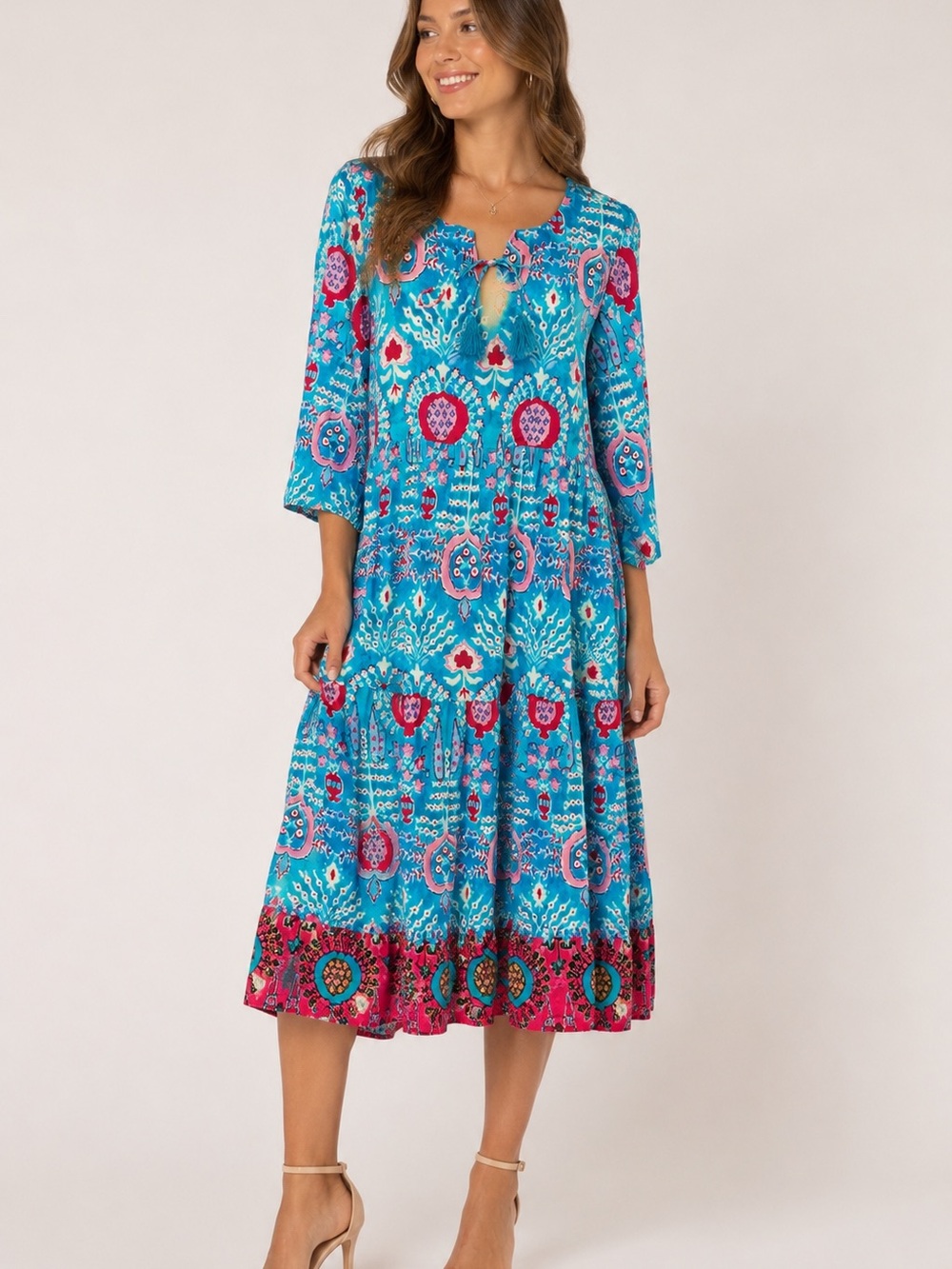 One Summer Turquoise Floral Tiered Midi Dress – Size XXS